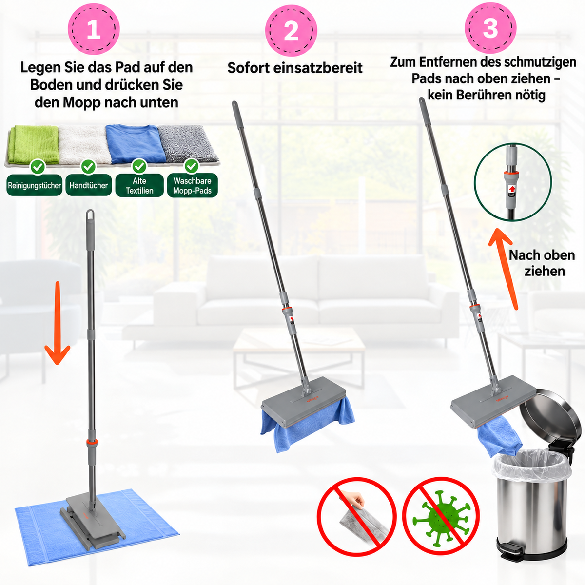 One Click Mop - Ein Click Mopp Bodenwischer + Tuchverriegelung leicht bedienbar
